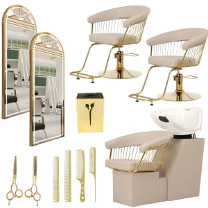 Set Mobilier salon înfrumusețare premium – 2 scaune coafor, scafă profesională, oglinzi LED aurii semiovale170x70 cm, cadouri incluse