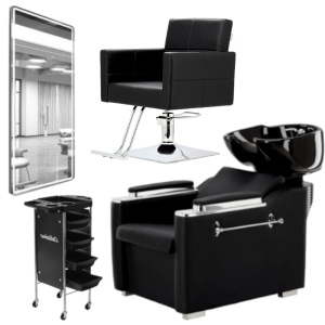Set Scaun coafor cu scafa frizerie, oglinda Led 170x70cm si ucenic, Negru - Img 1