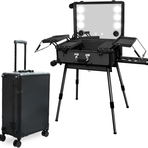 Statie machiaj portabila, profesionala, mare, LED, neagra, cu boxa, USB, Bluetooth, Radio - Img 1