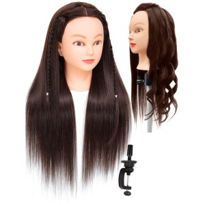 Cap de practică manechin cu păr natural uman, 55 cm, termorezistent, saten – ideal pentru tuns și coafat
