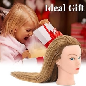 Cap de practică manechin cu păr sintetic 60 cm blond – pentru tuns, coafat, împletituri, accesorii incluse + suport de masă - Img 2