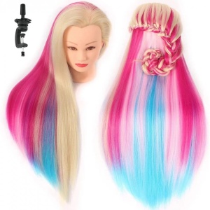 Cap de practică manechin cu păr sintetic 60 cm blond cu suvite albastre si fuxi– pentru tuns, coafat, împletituri, accesorii incluse - Img 2