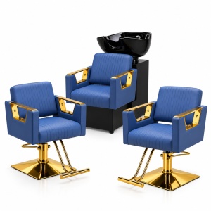 Mobilier frizerie cu scafă și 2 scaune coafor, Albastru închis cu Auriu Gold – Set profesional salon