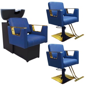 Mobilier frizerie cu scafă și 2 scaune coafor, Albastru închis cu Auriu Gold – Set profesional salon