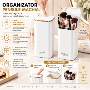 Organizator pensule machiaj, Alb cu auriu Gold, Automat, 4 compartimente pentru cosmetice - Img 5
