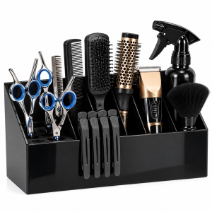 Organizator ustensile frizerie, Negru, fixare de perete sau pe masa, 5 compartimente