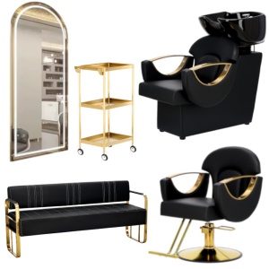 Pachet complet Mobilier frizerie cu oglinda, scafa frizerie, scaun coafor, canapea receptie - Img 1