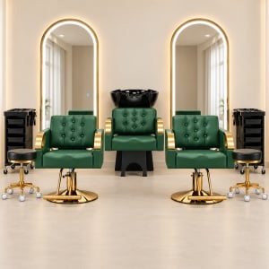 Set complet mobilier coafor Felicia, 9 piese – 2 scaune, 2 oglinzi, scafă, ucenici și taburete