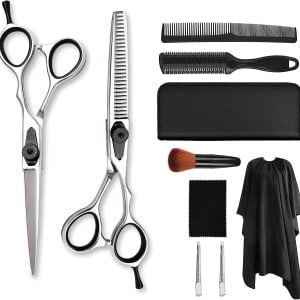 Set foarfeca tuns si foarfeca filat · Sword Cut · 10 piese · clipsuri metalice · pieptan carbon · husa depozitare · pelerina tuns · pamatuf frizerie · brici pentru filat parul. - Img 1
