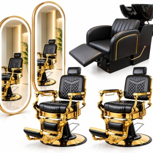 Set mobila Frizerie Negru cu Auriu cu 2 posturi de lucru si 2 scaune frizerie - Img 2