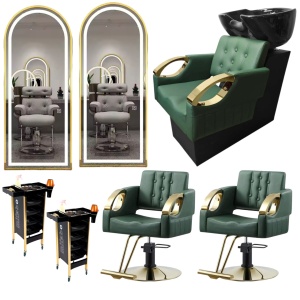 Set Mobilier coafor premium, Verde cu Auriu, cu 2 scaune coafor, 2 oglinzi led si scafa frizerie