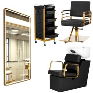 Set Mobilier salon frizerie cu 1 scaun coafor, 1 scafa, 1 oglinda Led cu Auriu - Img 1