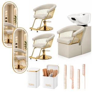 Set Mobilier salon înfrumusețare premium – 2 scaune coafor, scafă profesională, oglinzi LED aurii ovale170x70 cm, cadouri incluse
