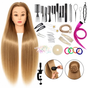 Cap de practică manechin cu păr sintetic 60 cm blond – pentru tuns, coafat, împletituri, accesorii incluse + suport de masă - Img 2