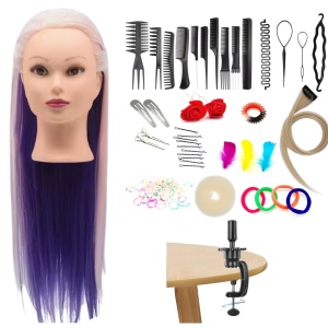 Cap practica manechin cu par sintetic, 60 cm, roz cu suvite mov, cu accesorii incluse