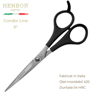 Foarfecă de Tuns Profesională Henbor Condor Line 6" – Oțel Inoxidabil 420, 54 HRC, Fabricată în Italia