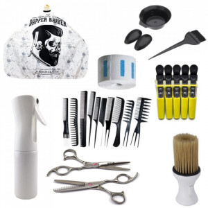 Kit complet frizerie coafor Seno05 cu foarfeca tuns filat pelerina pamatuf pulverizator tuns - Img 1