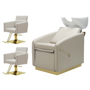 Mobilier salon coafor de Lux cu 2 scaune coafor si scafa frizerie profesionala, bej cu auriu