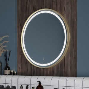 Oglinda LED salon frizerie coafor, rotunda, margine aurie, mare, 80cm diametru - Img 8