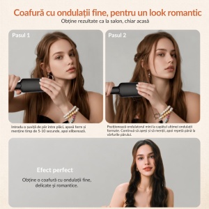 Ondulator de par in valuri pentru bucle, Placa profesionala de ondulat creponat Easy Waves, Negru Gold, Placi ceramice, 5 trepte temperatura - Img 5