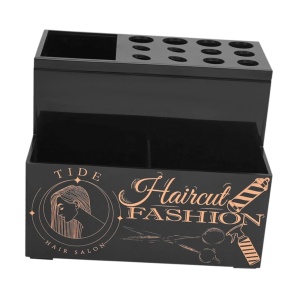 Organizator frizerie pentru ustensile – suport foarfece și perii, plastic dur, compartimentat, negru, 13.5×10.3×10.7 cm - Img 6