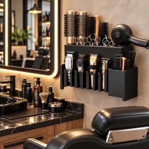 Organizator frizerie profesional Negru, pentru perii coafor, masini de tuns, fixare pe masa sau de perete - Img 3