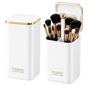 Organizator pensule machiaj, Alb cu auriu Gold, Automat, 4 compartimente pentru cosmetice - Img 2