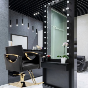 Scaun coafor negru cu auriu, hidraulic, reglabil pe inaltime, cu suport picioare - Img 5