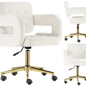 Scaun manichiuriste Luxos pentru salon infrumusetare, gri cu auriu, hidraulic, reglabil pe inaltime - Img 5