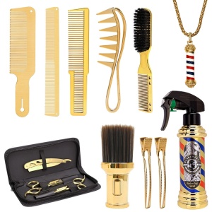 Set frizerie complet profesional cu foarfeca tuns filat, 14 piese, Gold auriu - Img 1