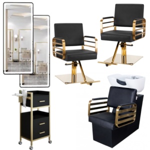 Set Mobilier complet frizerie cu 2 scaune coafor, 1 scafa, 2 oglinzi LED, Negru cu Auriu - Img 1