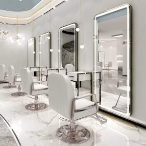 Set mobilier salon coafor cu 1 post de lucru frizerie, scaun coafor, scafa, Negru cu Argintiu - Img 2