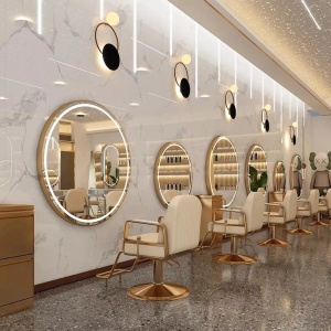 Set Mobilier salon frizerie cu 2 scaune coafor, 1 scafa, 2 oglinzi Led cu Auriu, Ucenic metal - Img 5
