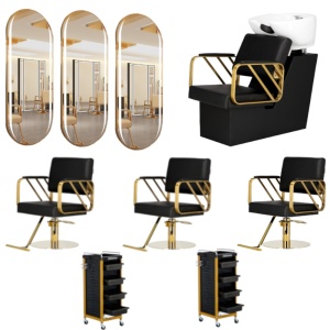 Set Mobilier salon frizerie cu 3 scaune coafor, 1 scafa, 3 oglinzi Led cu Auriu, 2 ucenici - Img 1