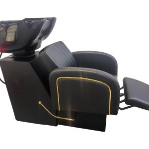 Set Scafa cu 2 scaune frizerie, rabatabile cu tetiera, negru cu auriu, 2 oglinzi LED si ucenic - Img 6
