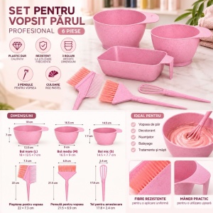 Set vopsit parul, 3 boluri gradate cu 3 pensule pentru vopsea de par, Roz pastel - Img 2