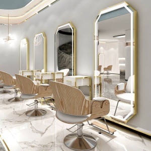 Amenajare salon coafor de Lux cu 2 scaune coafor si scafa frizerie profesionala, bej cu auriu, oglinzi Led - Img 11