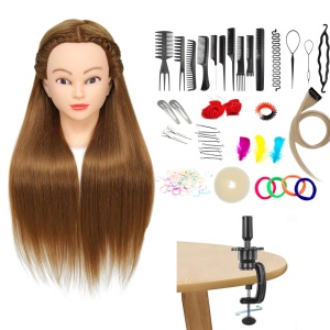 Cap de practică manechin cu păr sintetic 60 cm blond – pentru tuns, coafat, împletituri, accesorii incluse + suport de masă