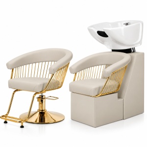 Mobilier Coafor Bej cu Gold, Scafă și Scaun Profesional