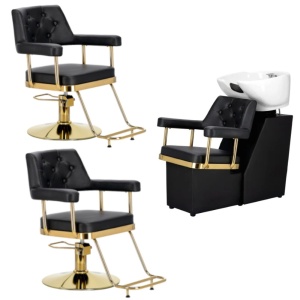 Mobilier coafor, Negru cu Auriu, cu 2 scaune coafor si unitate de spalare, Madeline - Img 1