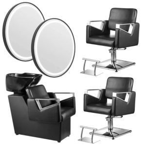 Mobilier frizerie complet cu 2 scaune frizerie, 2 oglinzi LED, scafa coafor, Talin - Img 1
