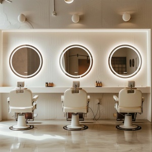 Oglinda LED salon frizerie coafor, rotunda, margine aurie, mare, 80cm diametru - Img 6