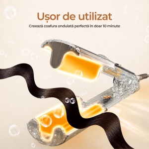 Ondulator de par in valuri pentru bucle, Placa profesionala de ondulat creponat Easy Waves, Negru Gold, Placi ceramice, 5 trepte temperatura - Img 2