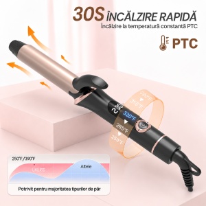 Ondulator de par profesional pentru bucle mari, 25 mm, Temperatură Reglabilă 120-200°C, Afișaj LCD, Negru cu Auriu - Img 2