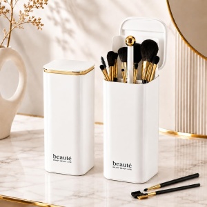 Organizator pensule machiaj, Alb cu auriu Gold, Automat, 4 compartimente pentru cosmetice