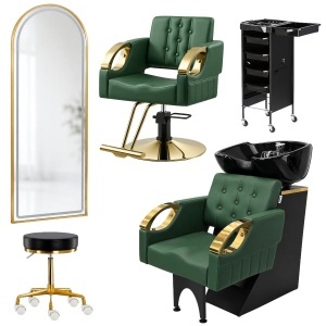 Pachet mobilier salon coafor verde smarald & gold – Set complet 5 piese premium cu scaun, scafa