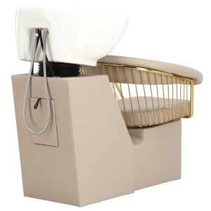 Scafa frizerie coafor, bej crem cu auriu, profesionala, bazin ceramic alb - Img 3