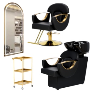 Scafa frizerie in set cu scaun coafor, Oglinda LED aurie si ucenic cosmetic, Negru Gold - Img 1