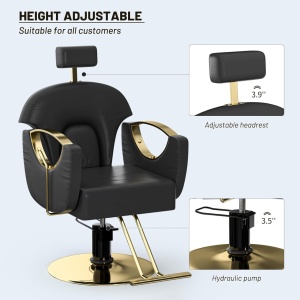 Scaun frizerie barber profesional, reglabil, cu tetiera, rabatabil pe spate, negru cu auriu - Img 3