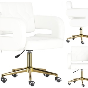 Scaun manichiuriste Luxos pentru salon infrumusetare, alb cu auriu, hidraulic, reglabil pe inaltime - Img 4